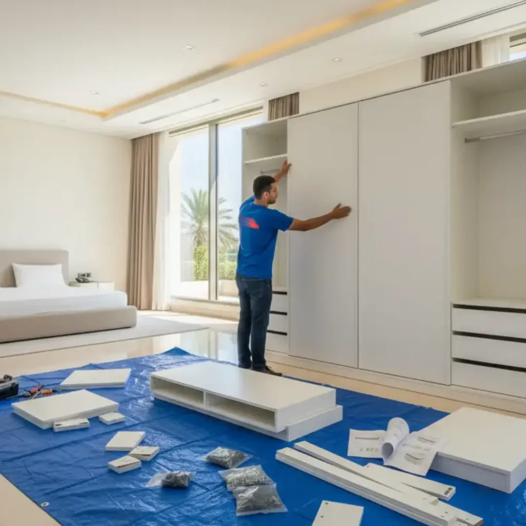 Professional movers assembling bedroom furniture in new Abu Dhabi villa