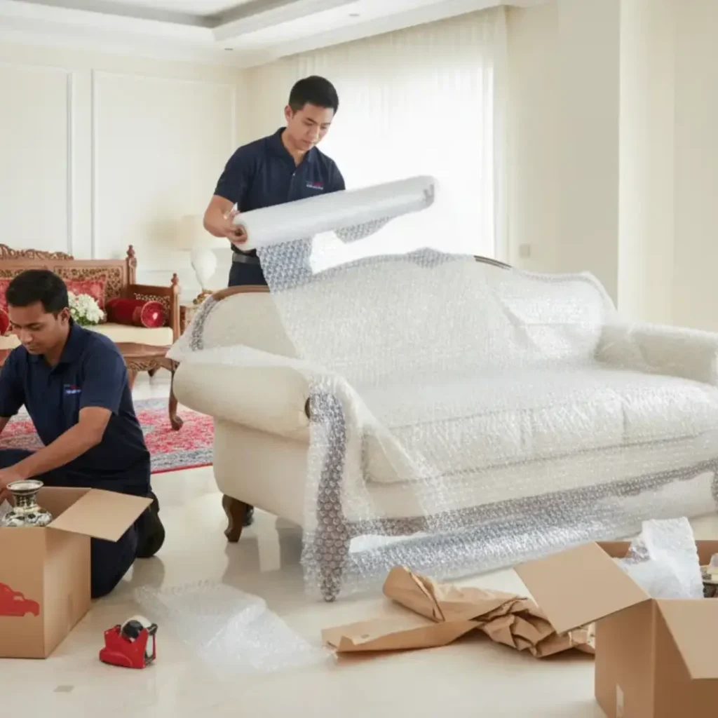 Professional movers carefully packing villa furniture in Abu Dhabi