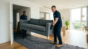 Two furniture movers carry a gray sofa through a bright apartment.
