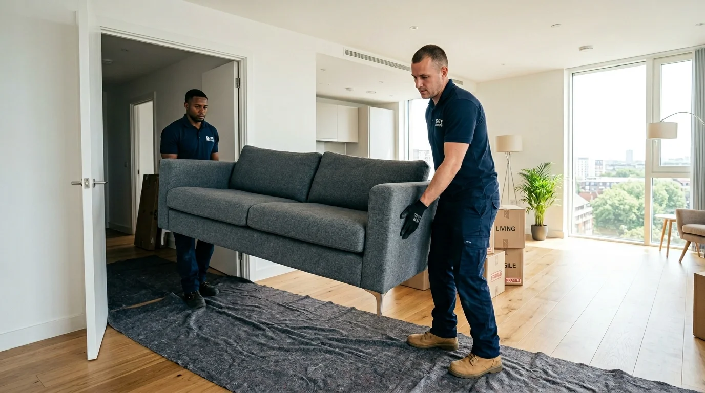 Two furniture movers carry a gray sofa through a bright apartment.