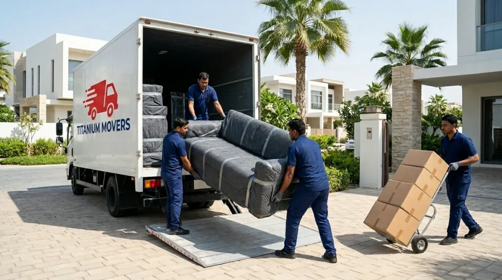 Workers from the best movers in Abu Dhabi load a wrapped sofa into a truck.