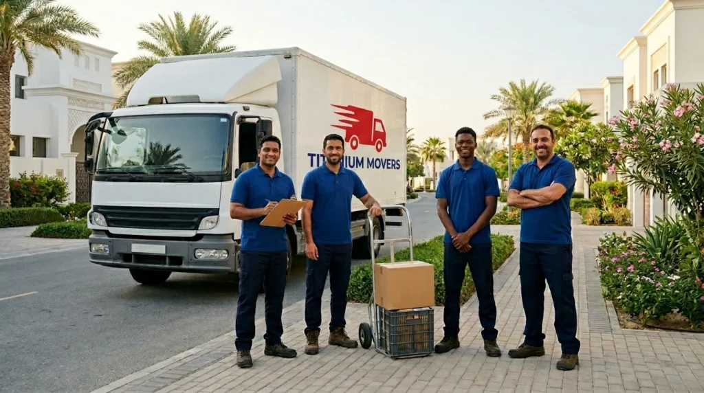 Affordable movers Abu Dhabi team stands beside a moving truck in a residential area.