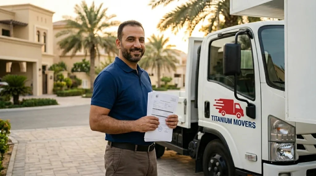 Representative from the best international movers in Abu Dhabi holds shipping documents beside a truck.