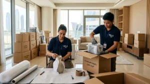 Two movers and packers carefully wrap household items inside an apartment.