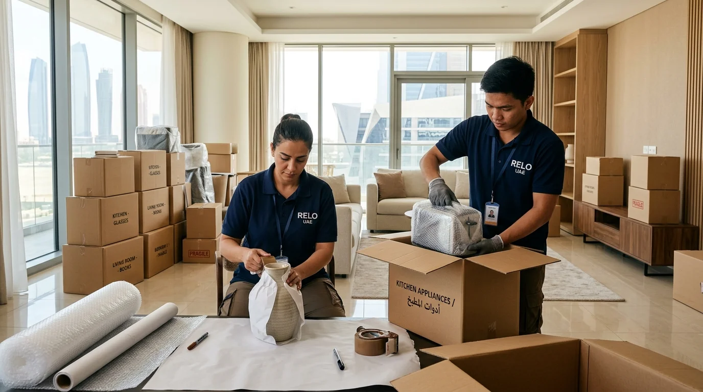 Two movers and packers carefully wrap household items inside an apartment.