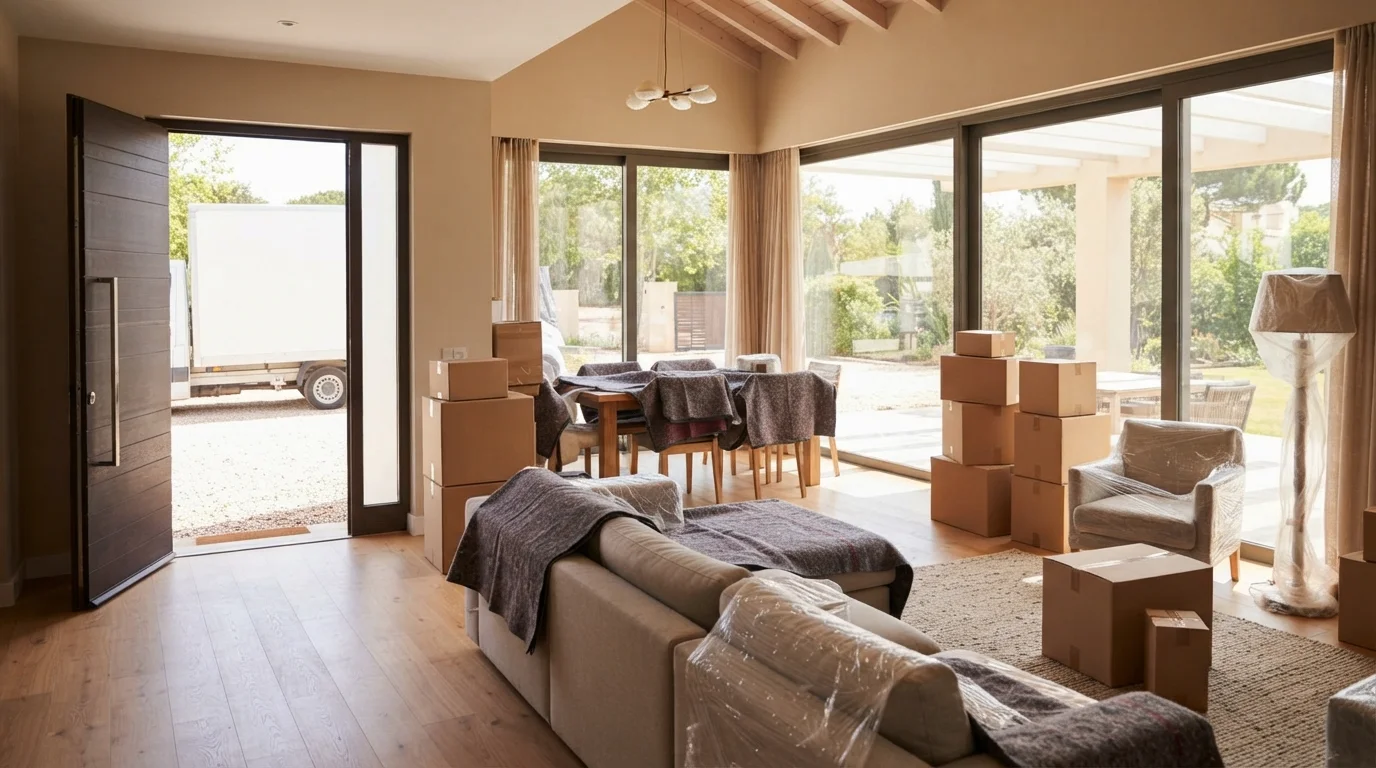 Movers and packers preparing a villa living room for a move, with wrapped furniture and stacked boxes