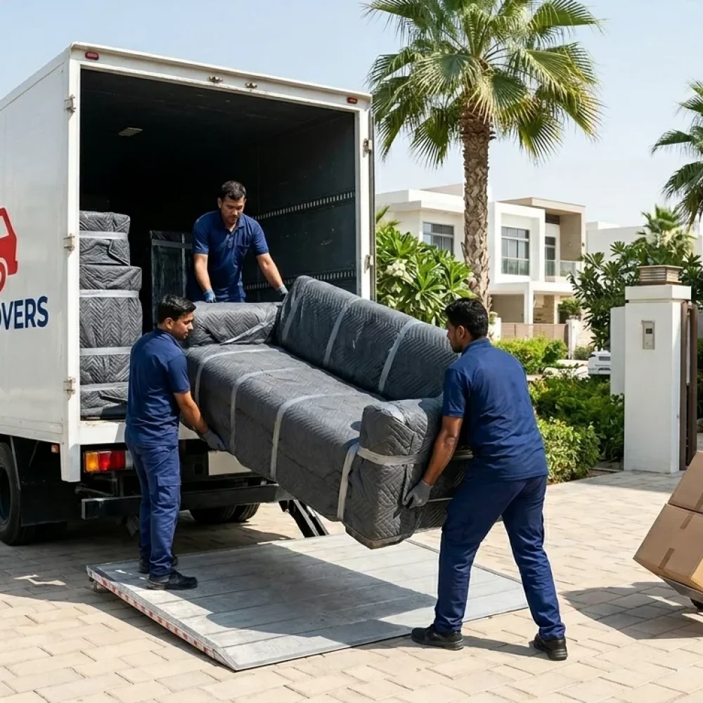 Workers from the best movers in Abu Dhabi load a wrapped sofa into a truck.