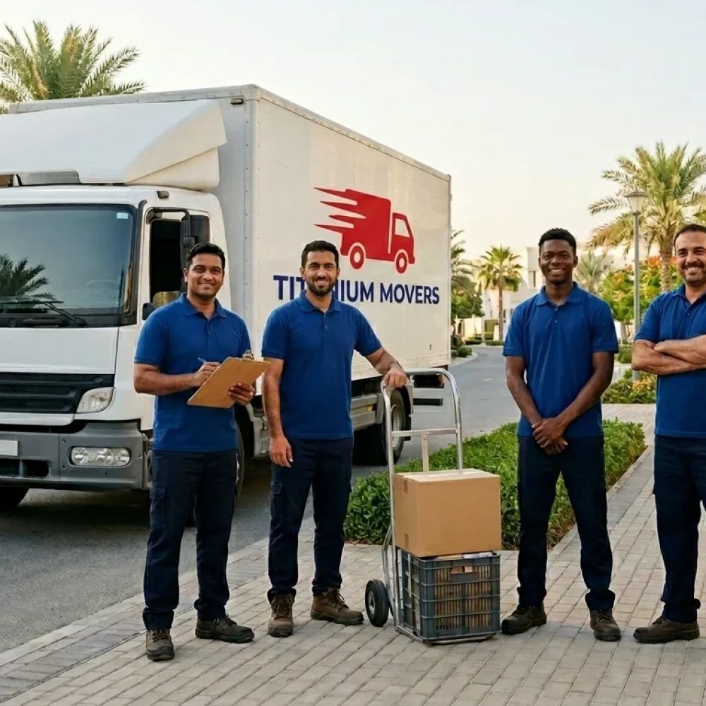 Affordable movers Abu Dhabi team stands beside a moving truck in a residential area.