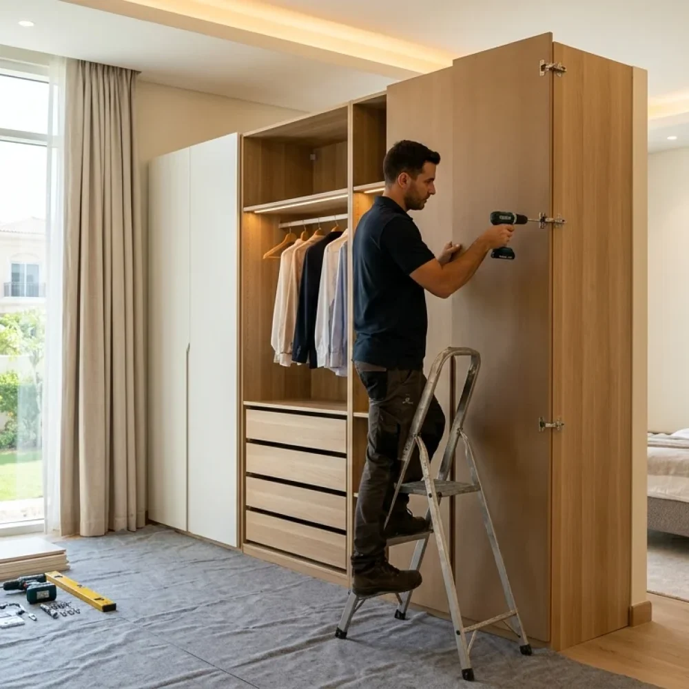 A furniture movers technician assembles a wooden wardrobe using power tools indoors.