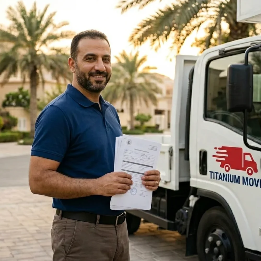 Representative from the best international movers in Abu Dhabi holds shipping documents beside a truck.