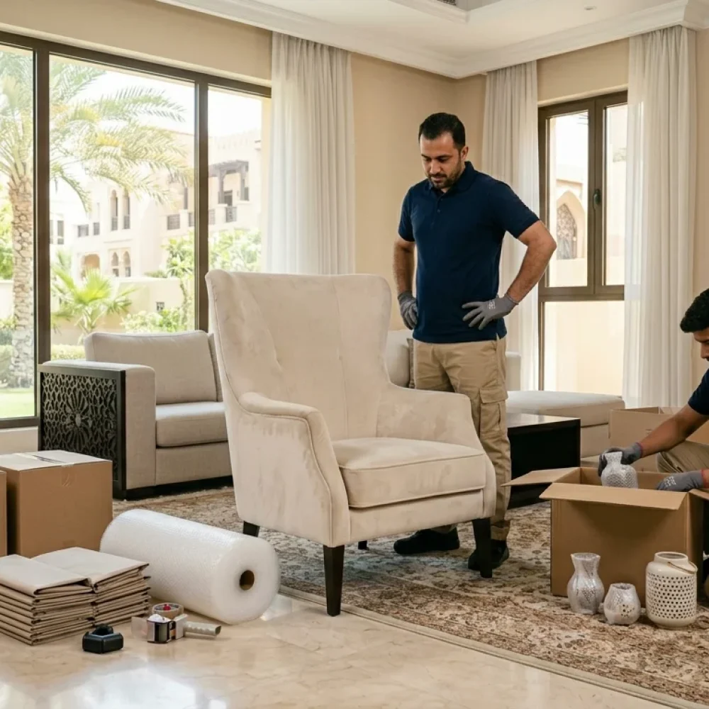 Workers from the best movers in Abu Dhabi load a wrapped sofa into a truck.